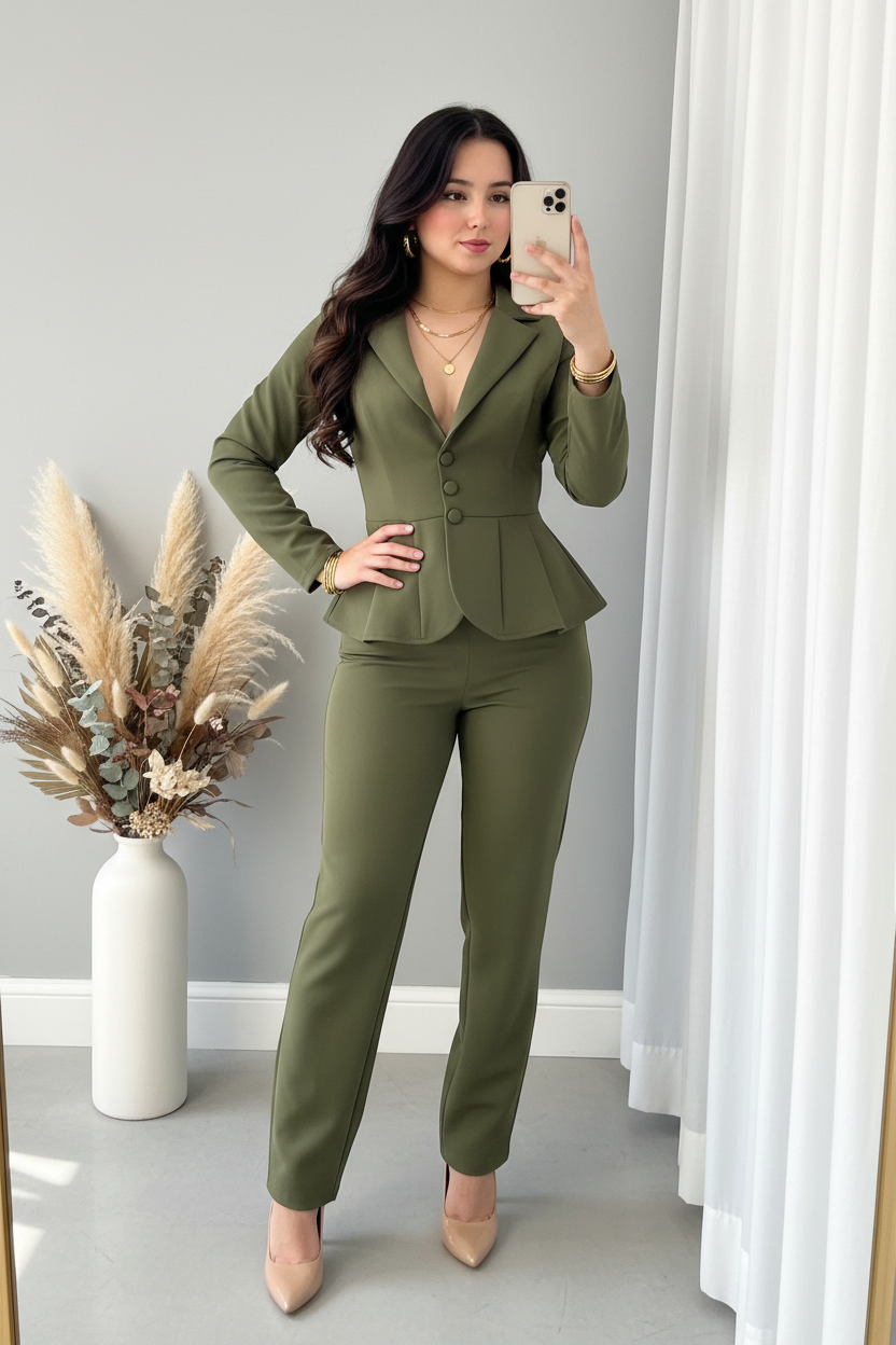 Traje Verde Olivo Blazer Peplum y Pantalón Recto cod.C371