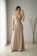 Vestido Champagne Largo Escote V Drapeado Diagonal Manga Capa cod.V294