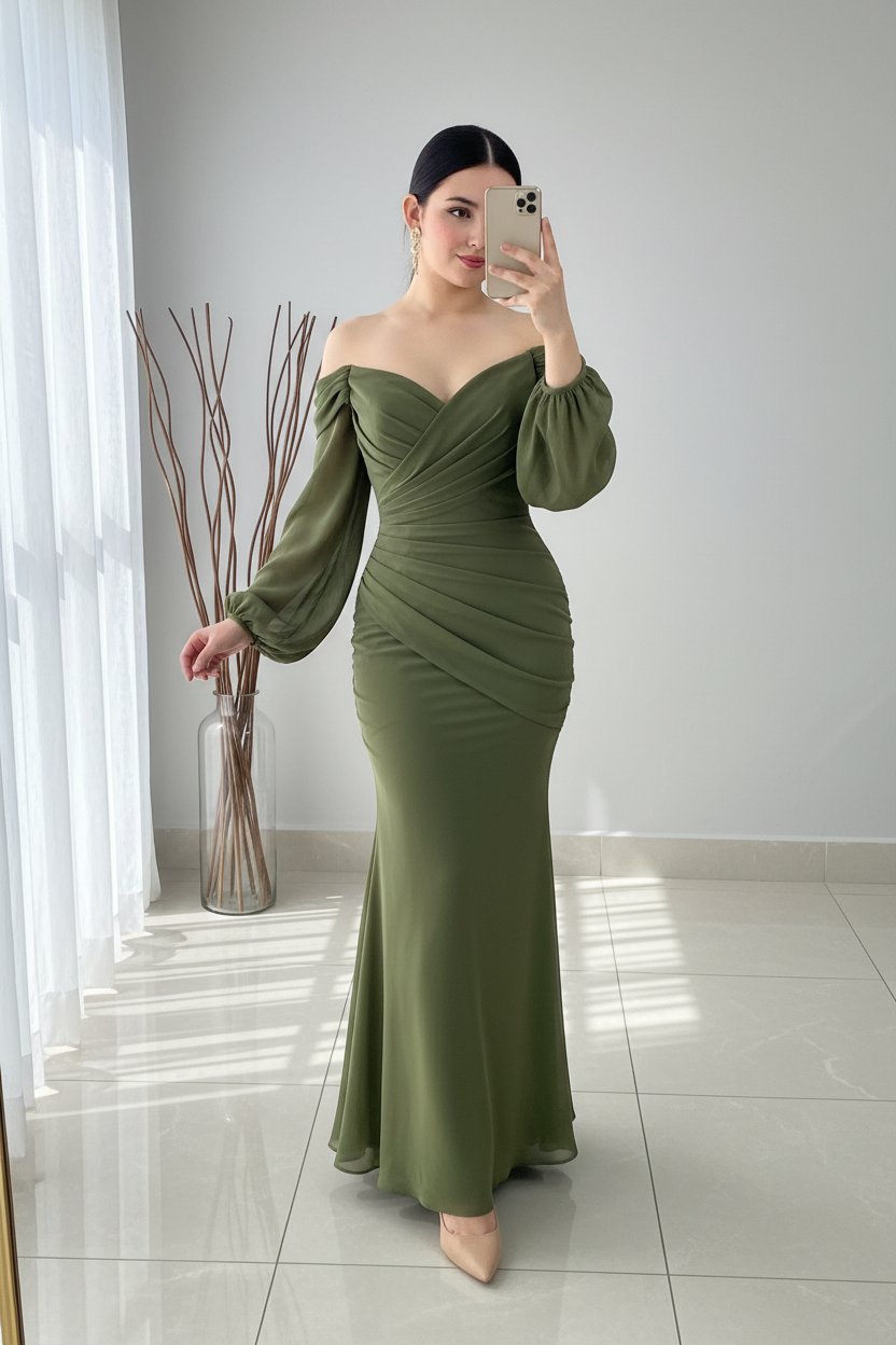 Vestido Verde Olivo Off-Shoulder Manga Globo Sirena Cod.V350