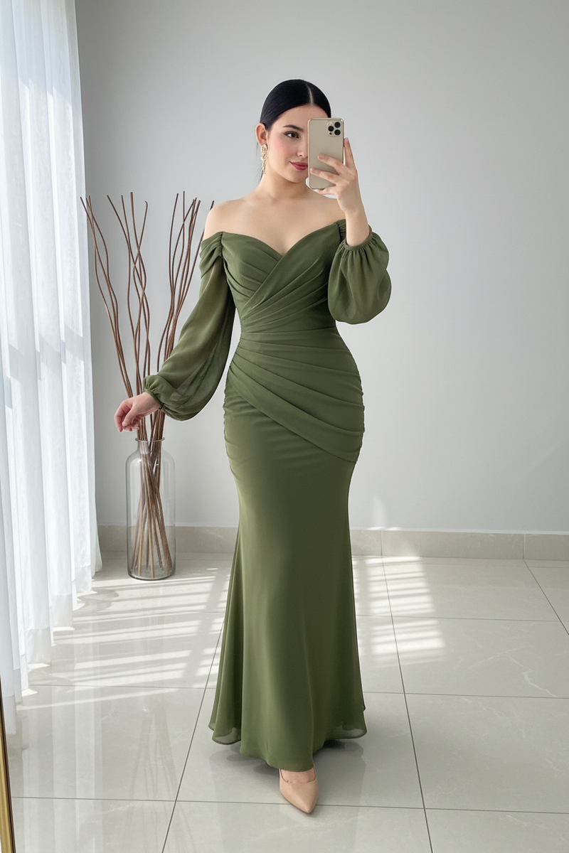 Vestido Verde Olivo Off-Shoulder Manga Globo Sirena Cod.V350