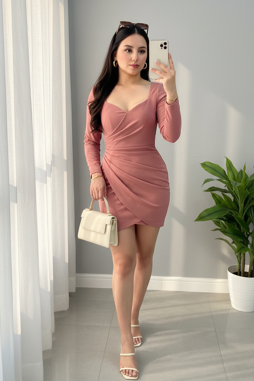 Vestido Corto Rosa Palo Manga Larga Drapeado cod.709