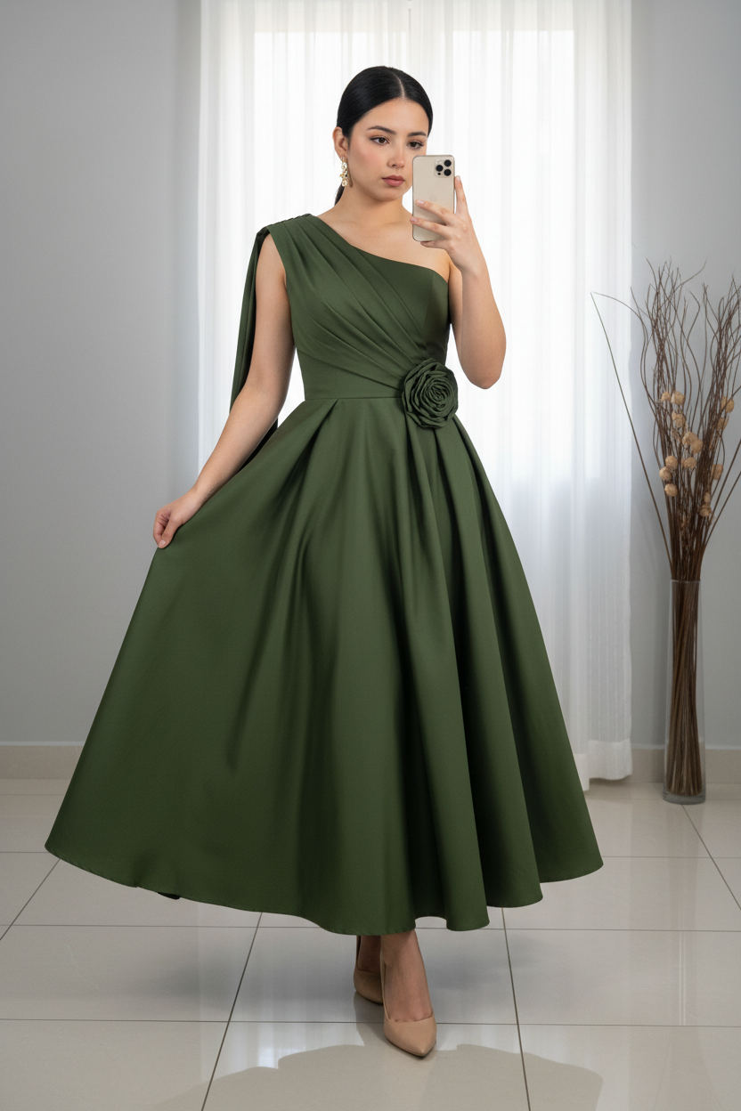 Vestido Verde Olivo Un Hombro Rosa cod.V328