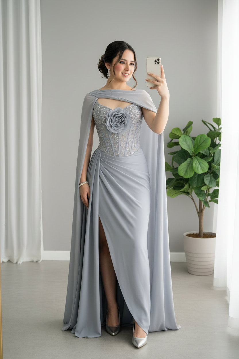 Vestido Gris con Capa y Rosa D cod.714