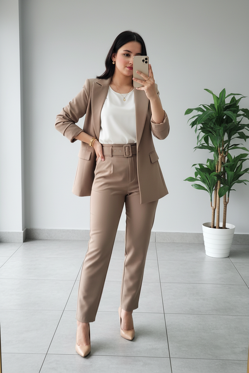 Conjunto Sastre Beige: Blazer + Pantalón + Cinturón - Ejecutivo Premium cod.320