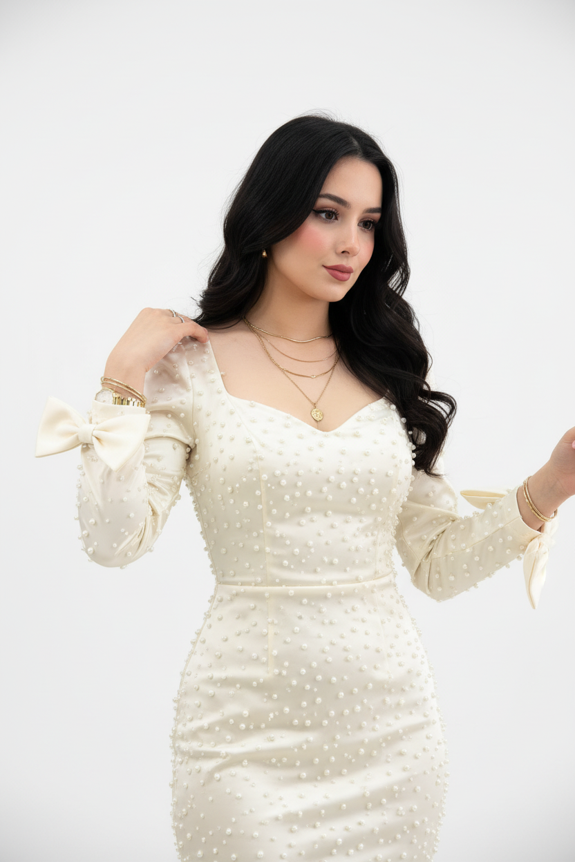 Vestido Elegante Blanco Marfil con Perlas y Lazos - Mangas Largas Midi cod.353