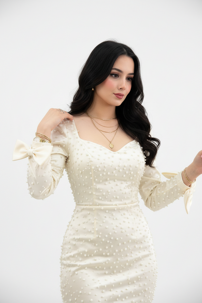 Vestido Elegante Blanco Marfil con Perlas y Lazos - Mangas Largas Midi cod.353
