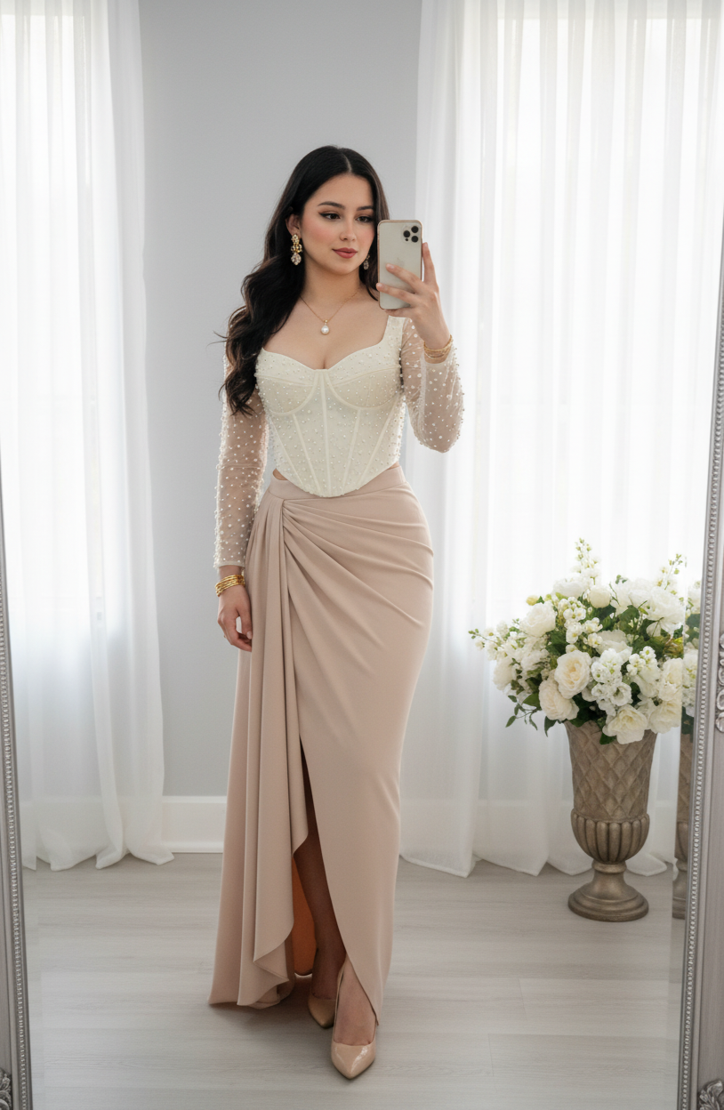 Conjunto Corset Crema Tul Perlas + Falda Nude Drapeada | C-019