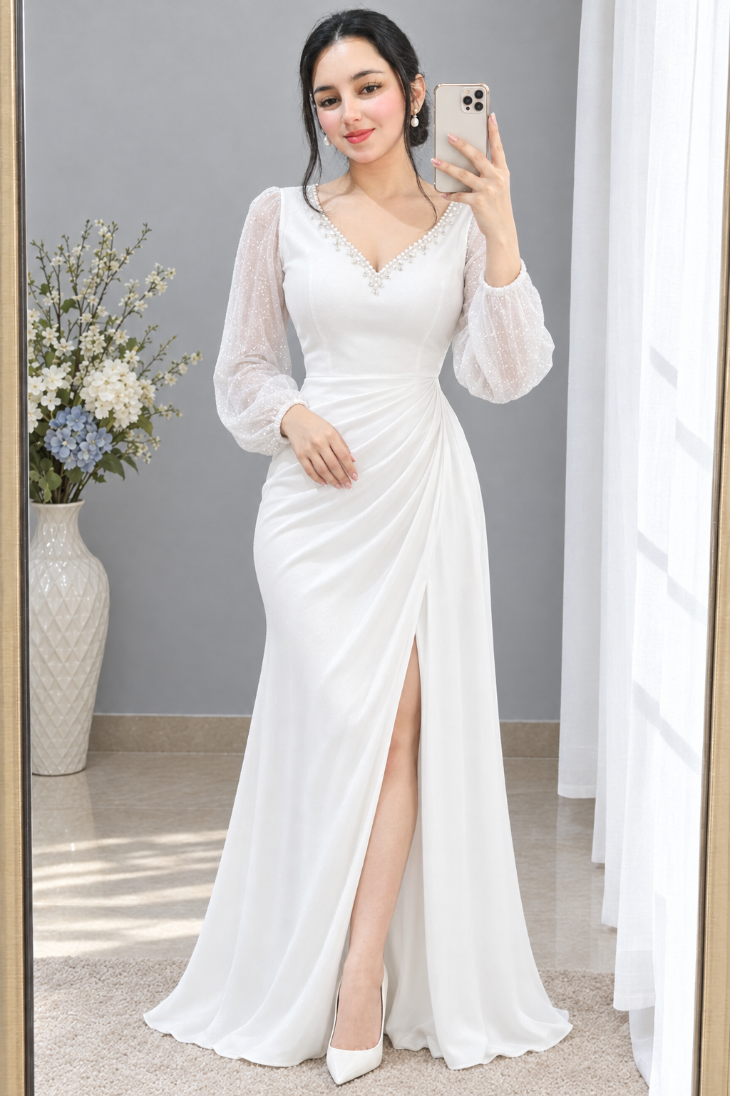 Vestido largo blanco escote V con mangas transparentes y abertura cod. VC033