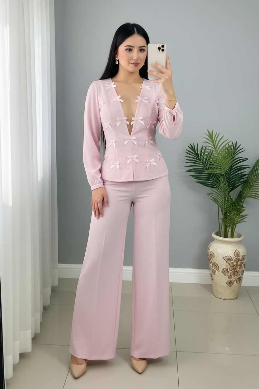 Conjunto Rosa Palo — Top Lazos 3D & Palazzo cod.0041