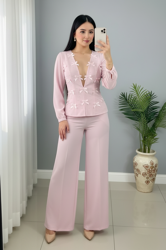Conjunto Rosa Palo — Top Lazos 3D & Palazzo cod.0041
