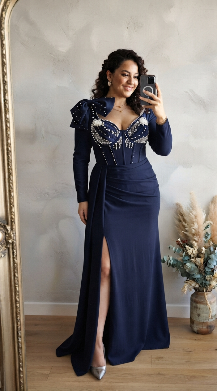 Vestido Azul Marino Sirena con Corset de Perlas, Lazo y Rosa 3D
