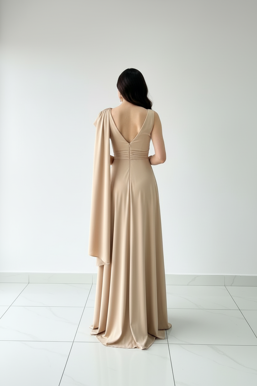 Vestido Champagne con Manga Globo y Capa Drapeada Larga cod.374