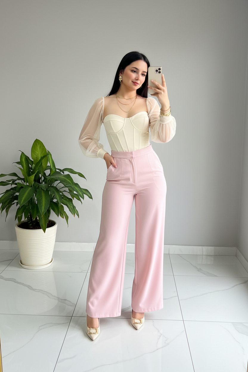 Blusa Corsé Marfil con Mangas de Organza - Elegante y Romántica cod.304