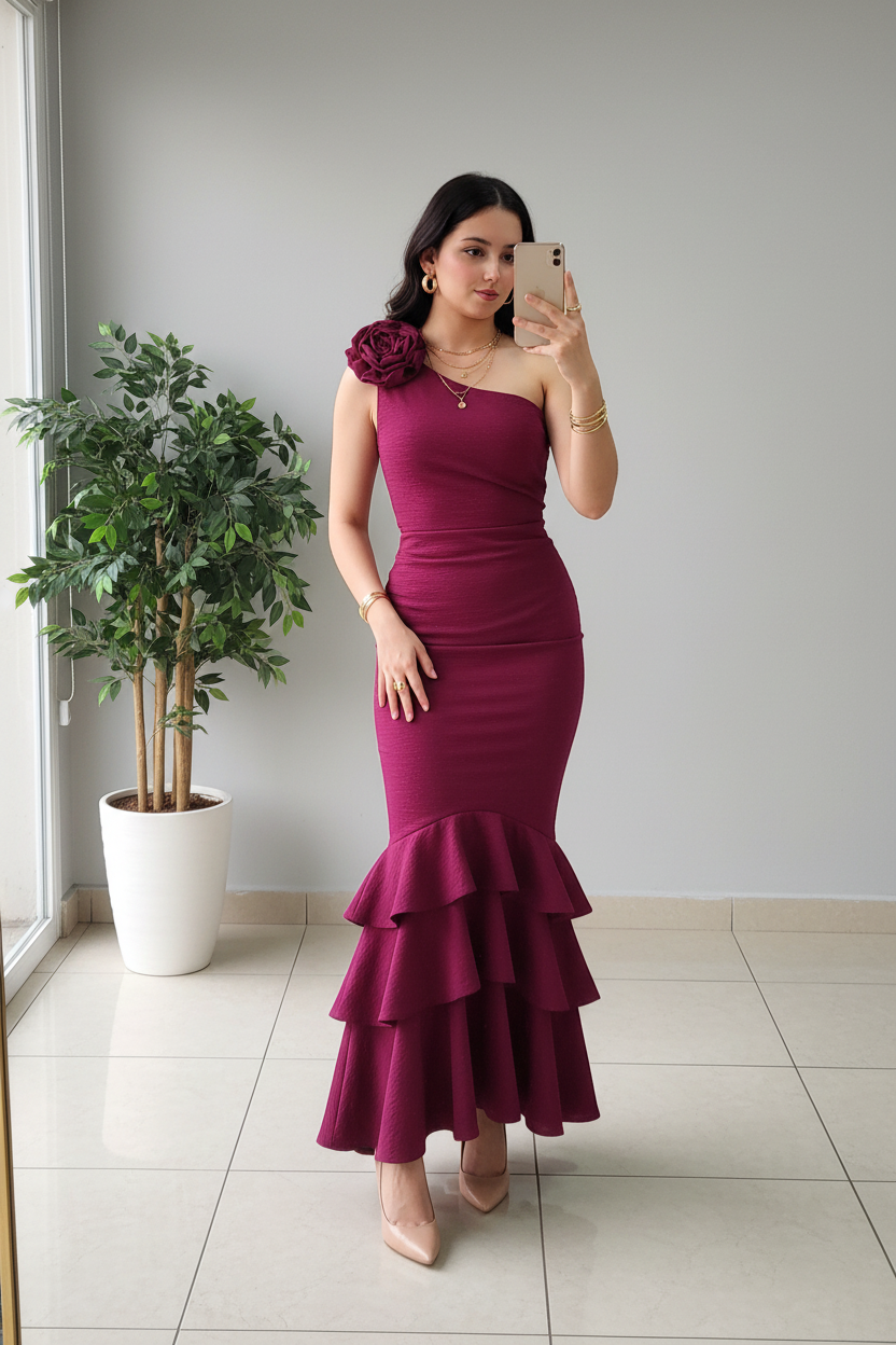 Vestido Borgoña Un Hombro con Rosa 3D y Volantes en Cascada Triple cod.449