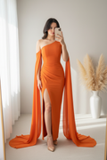 Vestido Naranja One-Shoulder Sirena Mangas Capa Abertura cod.00105
