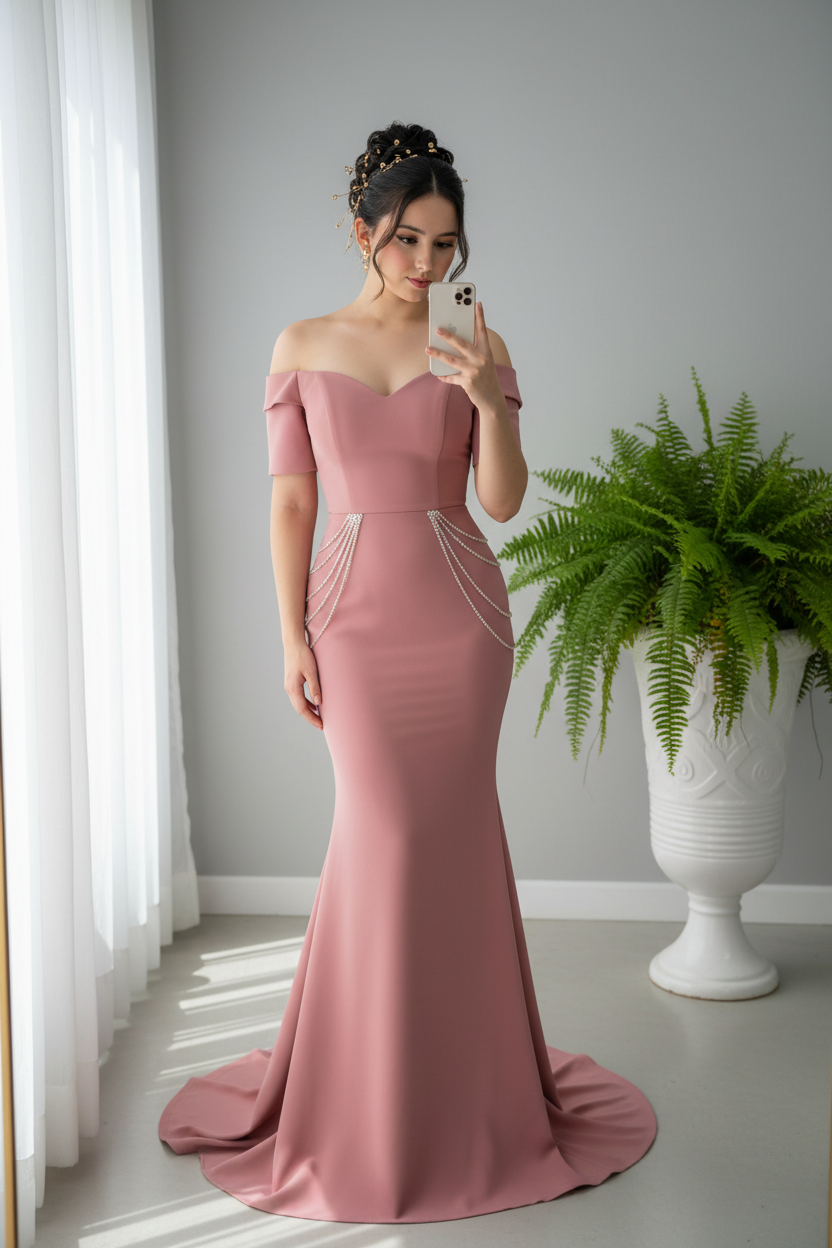 Vestido Rosa Palo Sirena Off-Shoulder con Cadenas de Perlas cod.0069