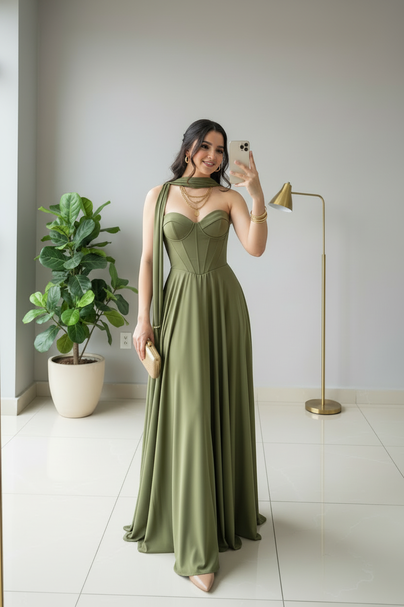 Vestido de Gala Verde Olivo con Corsé Estructurado y Capa Drapeada - Elegante A-Line Largo cod.364