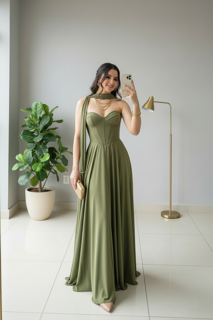 Vestido de Gala Verde Olivo con Corsé Estructurado y Capa Drapeada - Elegante A-Line Largo cod.364