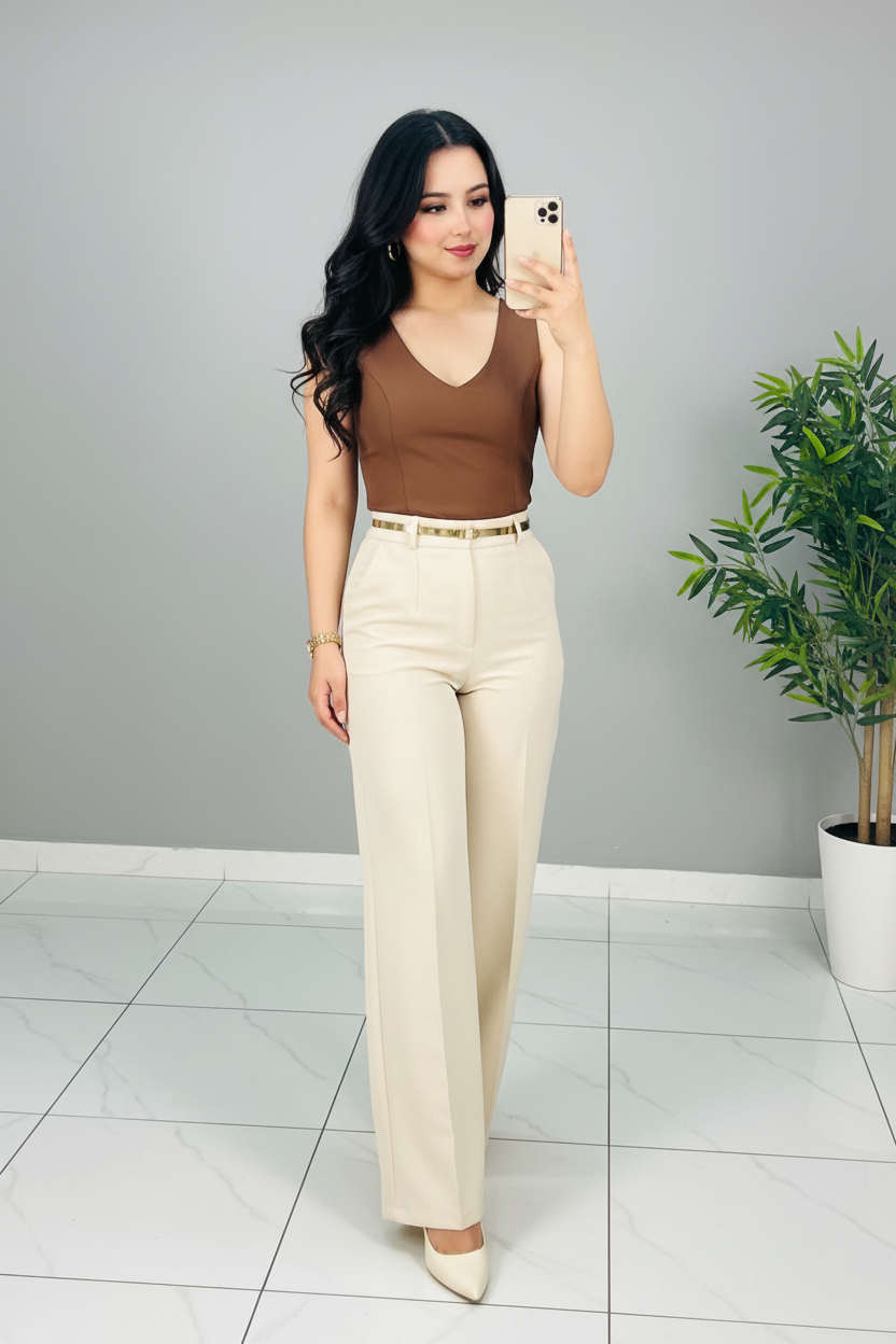 Conjunto Top Marrón Escote V y Pantalón Palazzo Beige cod.553