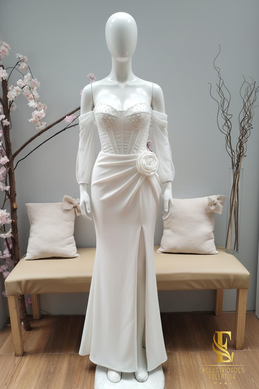 Vestido Blanco Off-Shoulder Corset con Rosa 3D y Abertura cod.V287