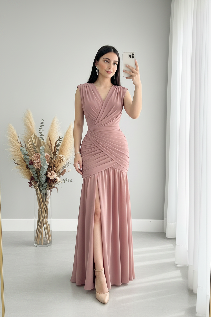 Vestido Rosa Palo | V-Neck Sin Mangas Drapeado Cruzado y Volantes cod.V449