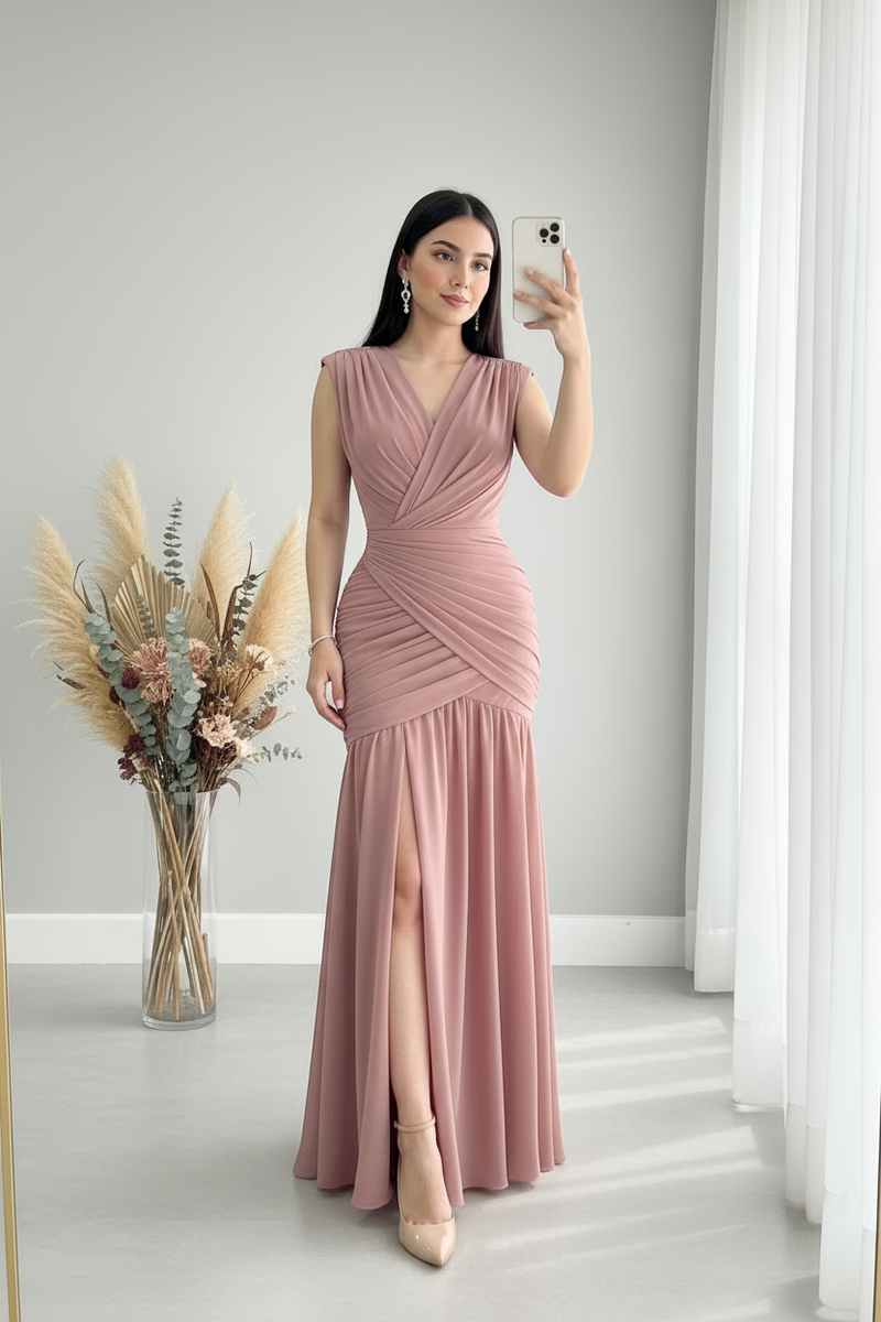 Vestido Rosa Palo | V-Neck Sin Mangas Drapeado Cruzado y Volantes cod.V449