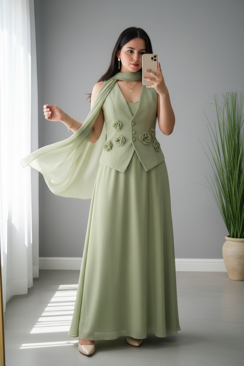 Conjunto Verde Salvia Chaleco con Rosas 3D y Capa cod.C638