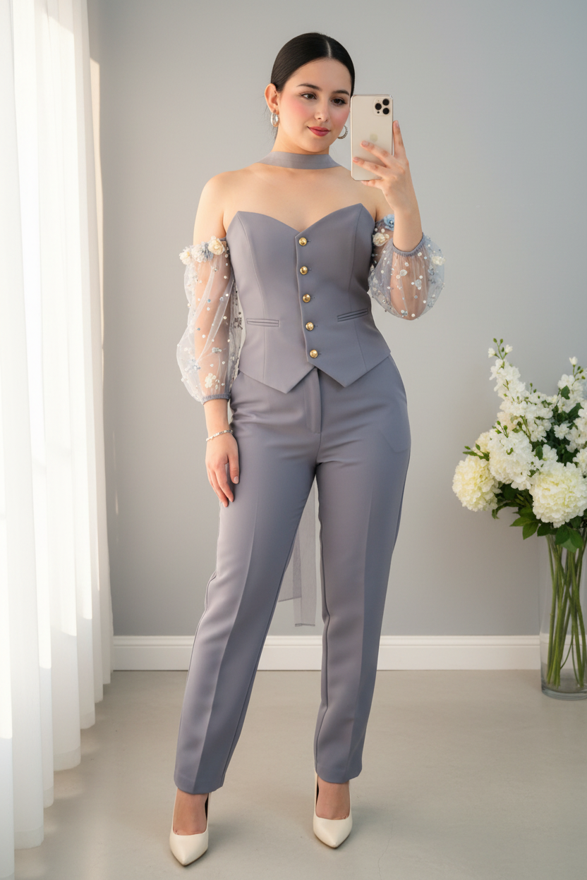 Conjunto Corset Gris Tul Perlas | CG-007