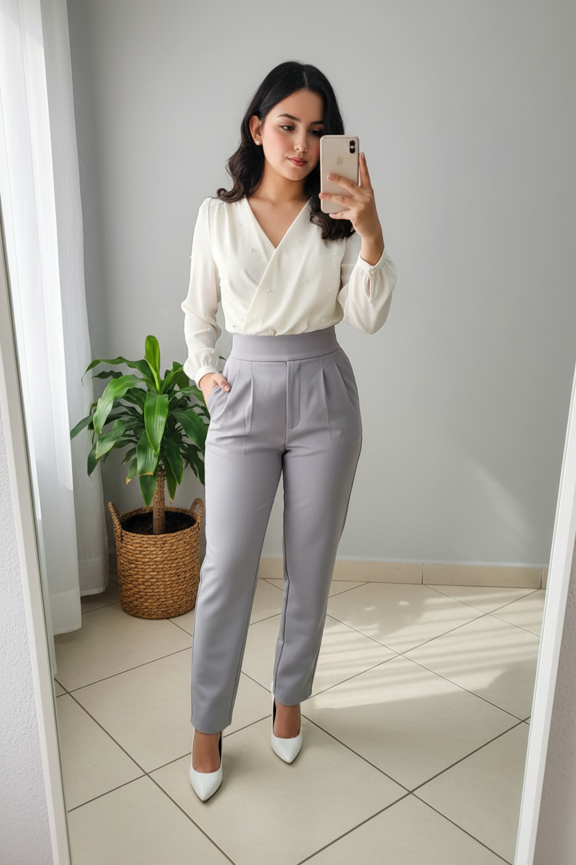 Conjunto 2 Piezas Blusa Blanca Satinada Cruzada y Pantalón Pitillo Gris cod.00146