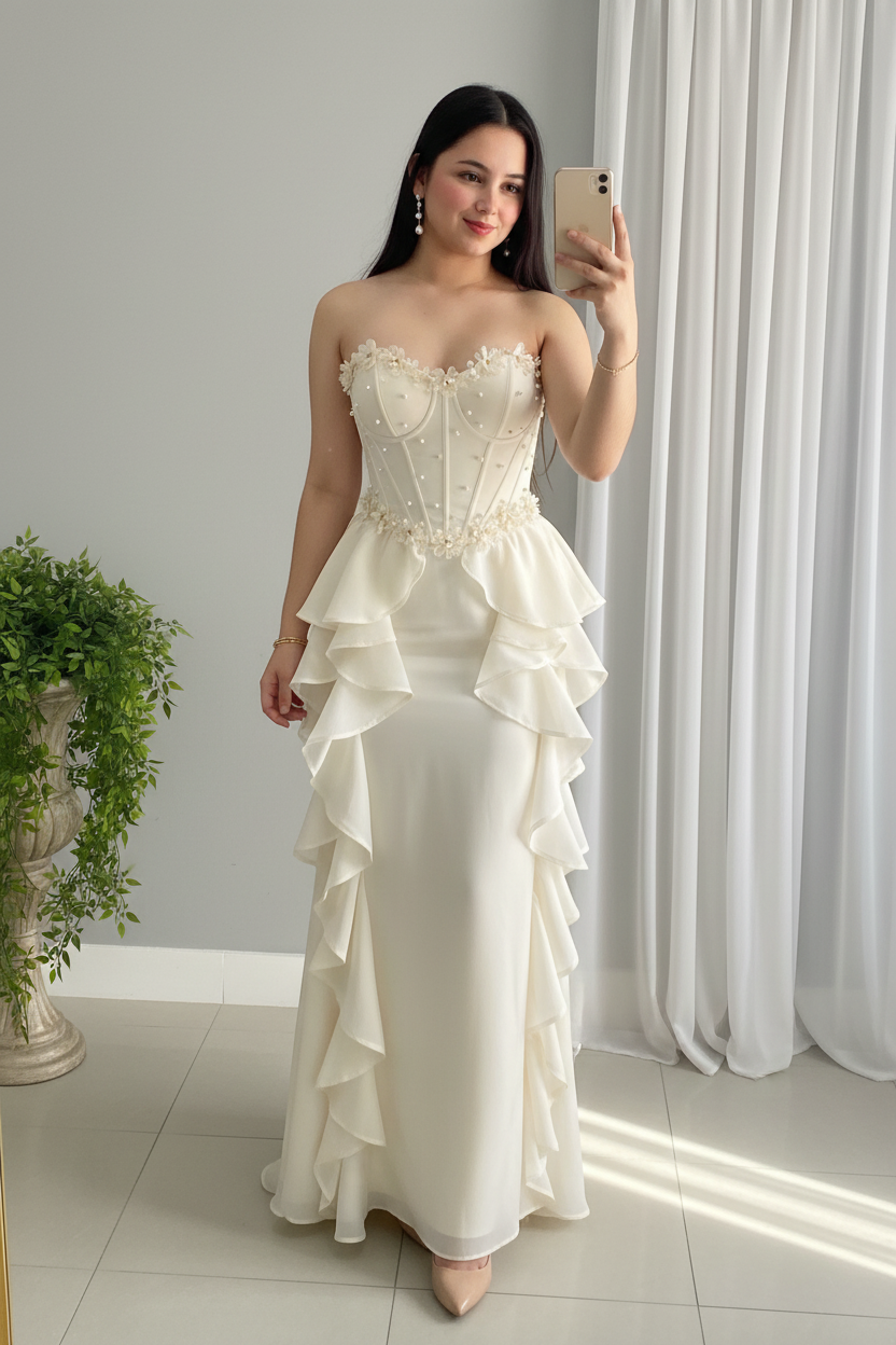 Vestido Ivory Strapless Corsé Perlas 3D Peplum con Falda Volantes Maxi cod.987