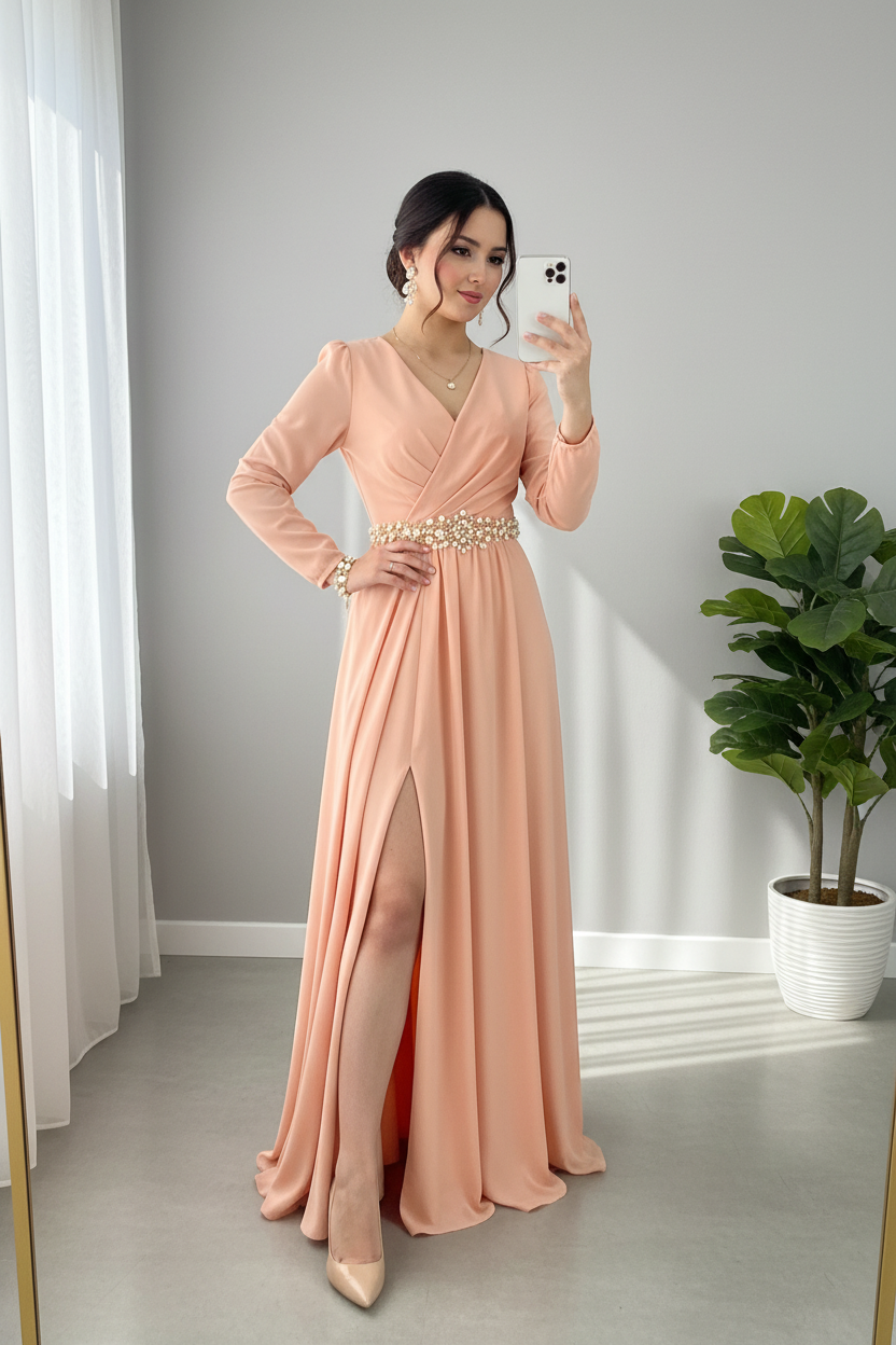 Vestido Peach Salmon Escote V Wrap Manga Estructurada Cinturon Joya Flores Doradas Abertura cod.842