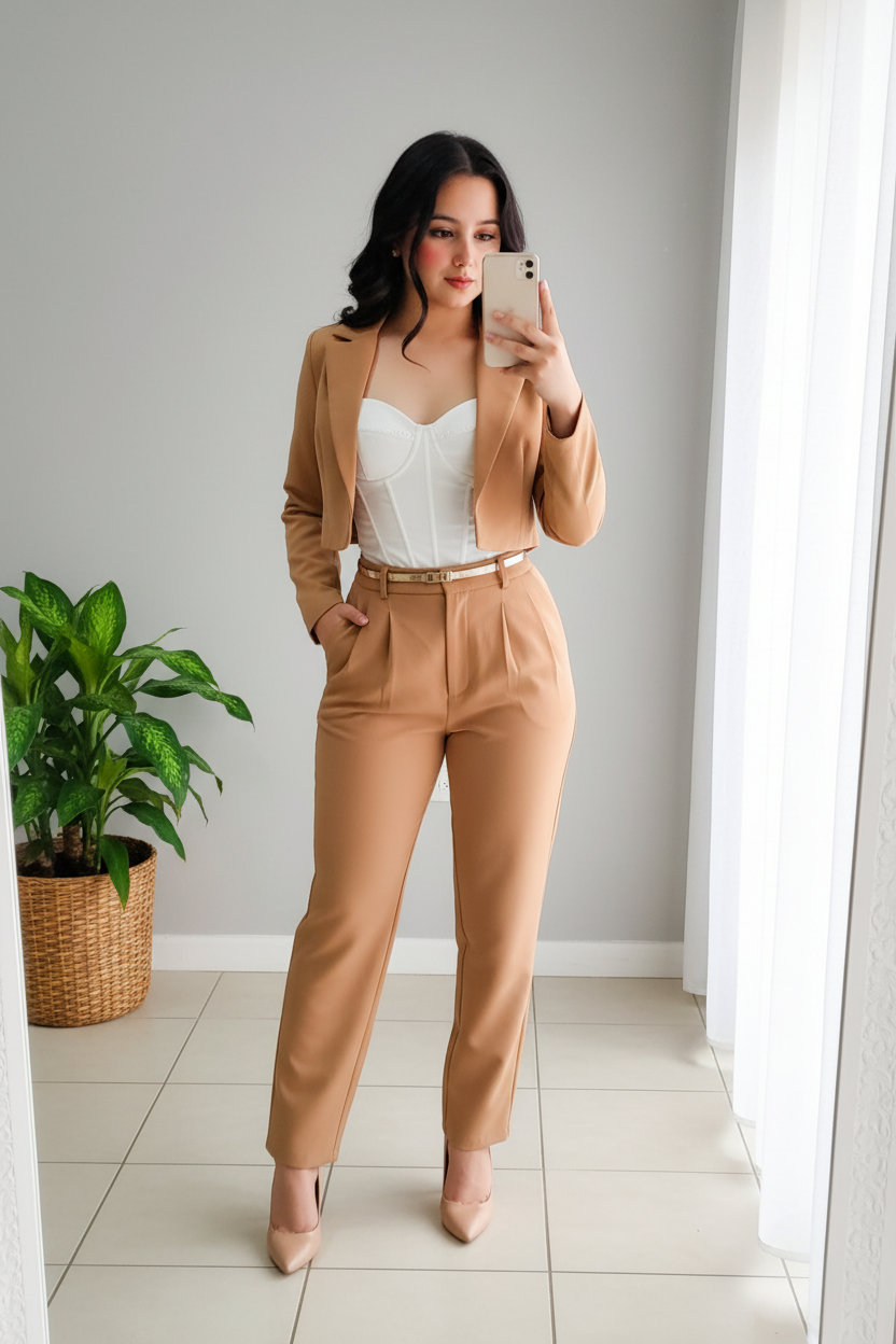Conjunto Blazer Camel y top blanco cod.00148