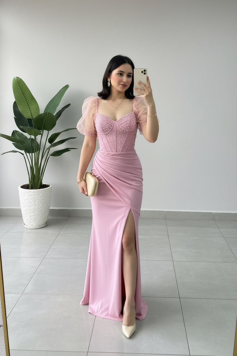 Vestido Formal Rosa Corset con Mangas Tul y Perlas cod.502