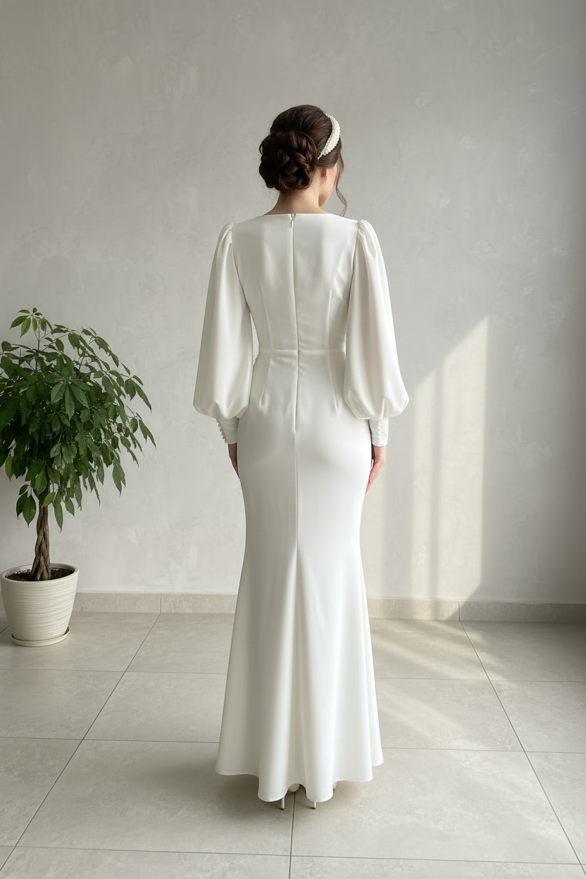 Vestido Blanco Largo Escote V Cruzado Manga Puff con Perlas y Sirena cod.480