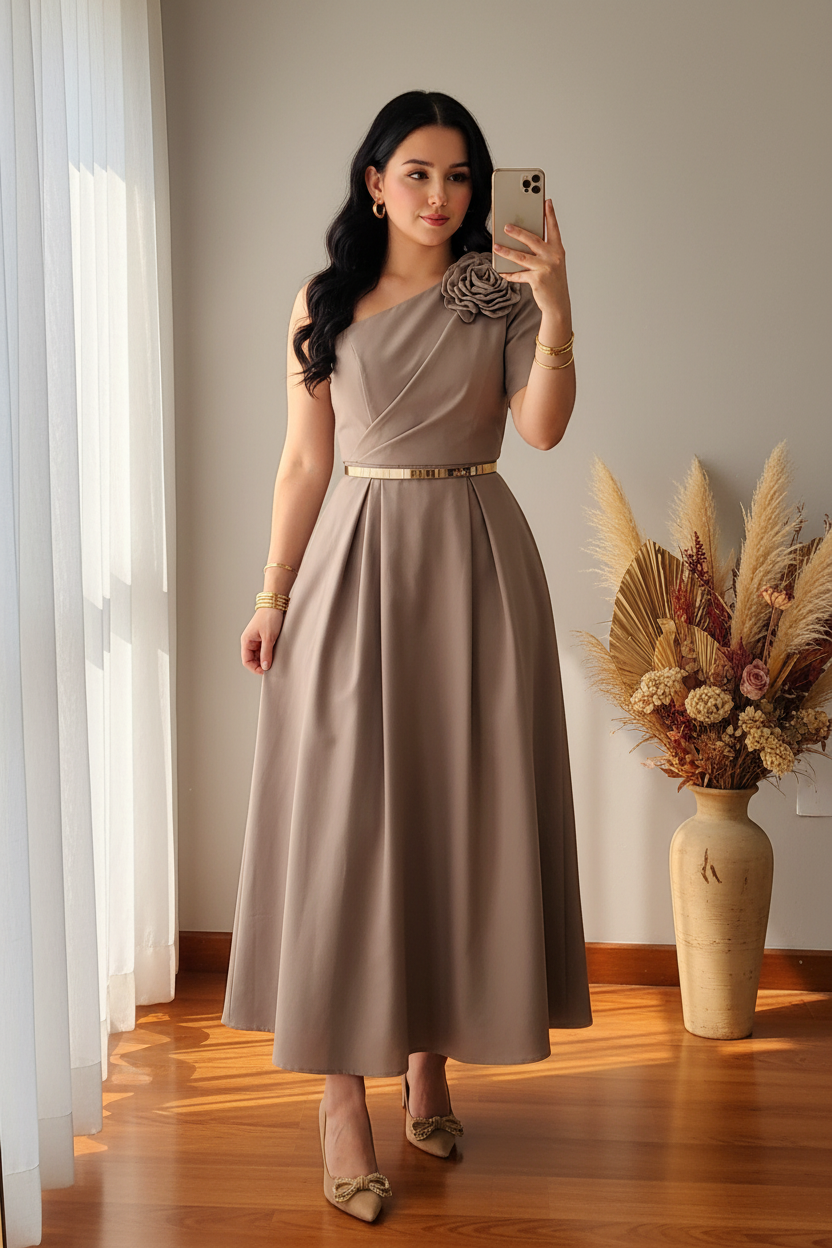 Vestido Taupe Asimétrico Rosa  3D cod.00163