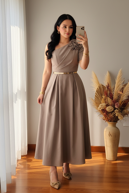 Vestido Taupe Asimétrico Rosa  3D cod.00163