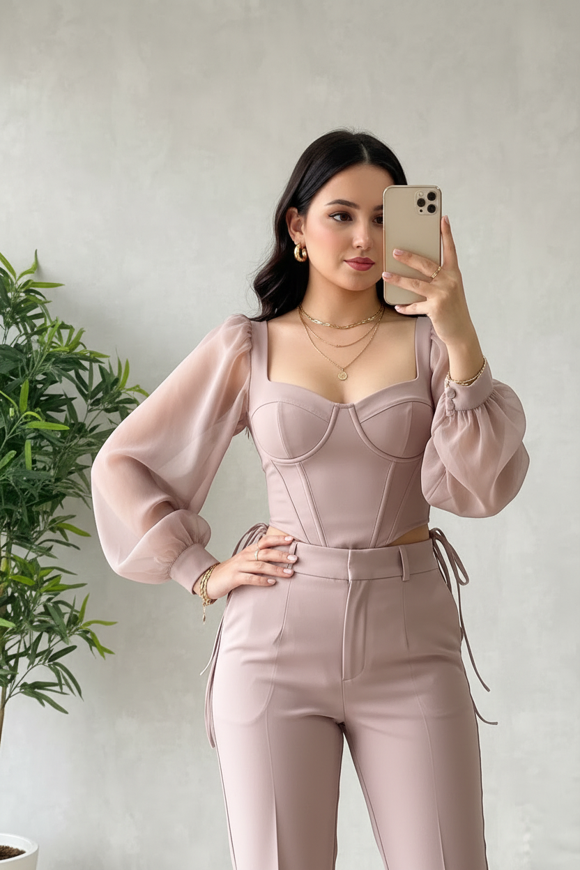 Conjunto Rosa Palo: Top Corset con Mangas Organza y Pantalón Recto cod.412