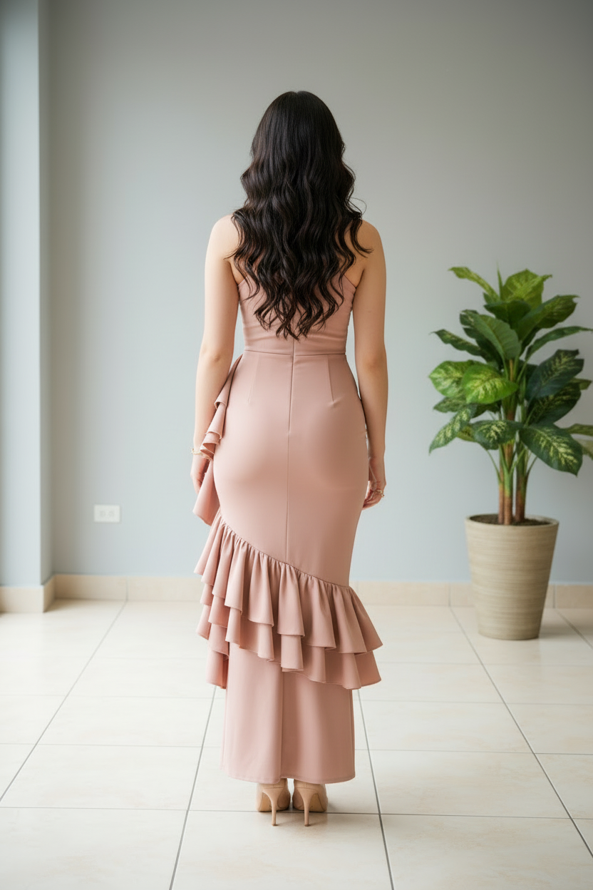 Vestido Rosa Nude Un Hombro con Rosa 3D y Volantes en Cascada Triple cod.450