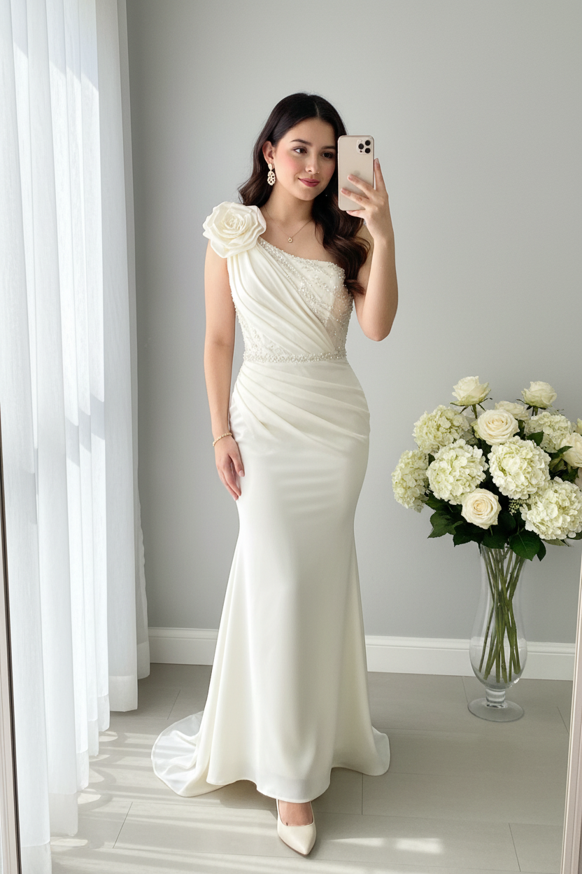 Vestido nupcial ivory hombro único sirena C.1927