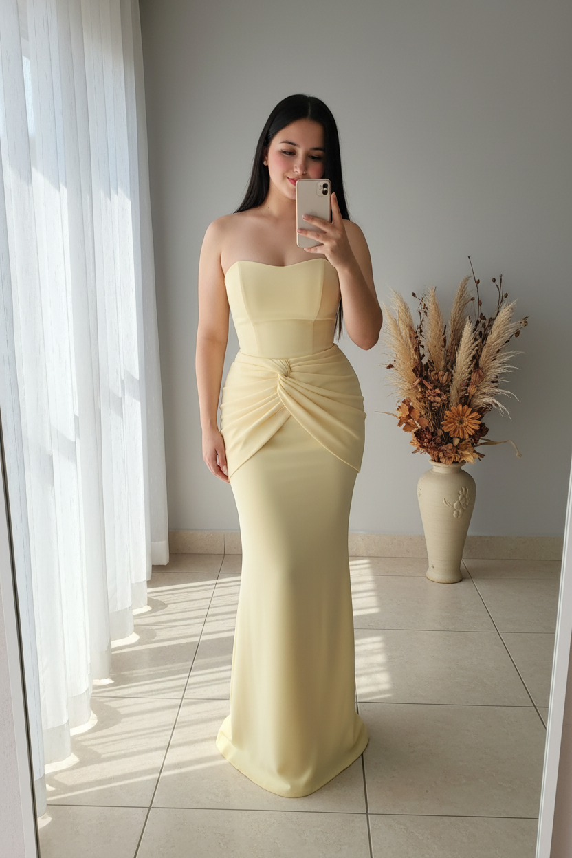 Vestido Sirena Amarillo Mantequilla | Strapless con Drapeado Anudado cod.V448