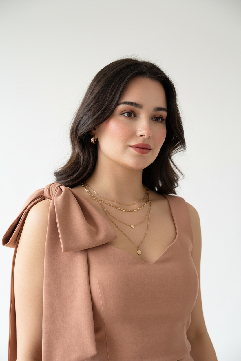 Conjunto Elegante Nude: Top con Moño en Hombro + Pantalón Pierna Ancha cod.313