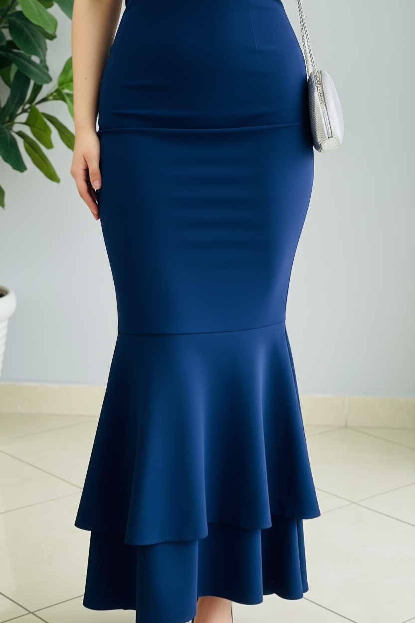Vestido Azul Navy Off-Shoulder Sirena con Falda en 2 Capas cod.379