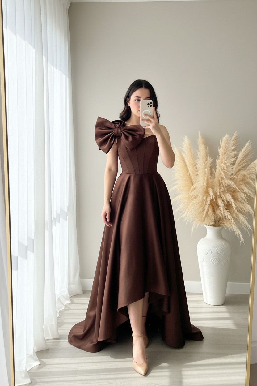 Vestido Chocolate Satén Moño Corsé High-Low cod.0098