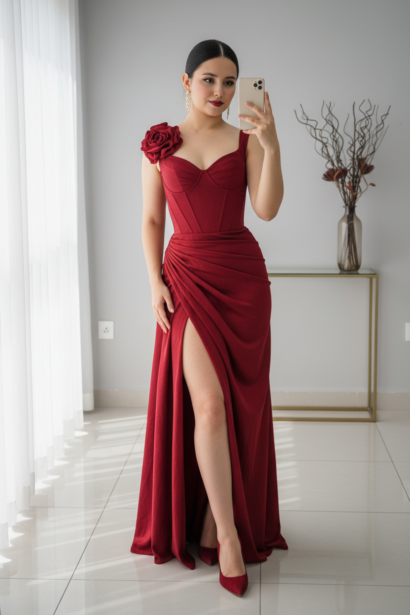 Vestido Rojo Vino Corset con Flor D cod.V345