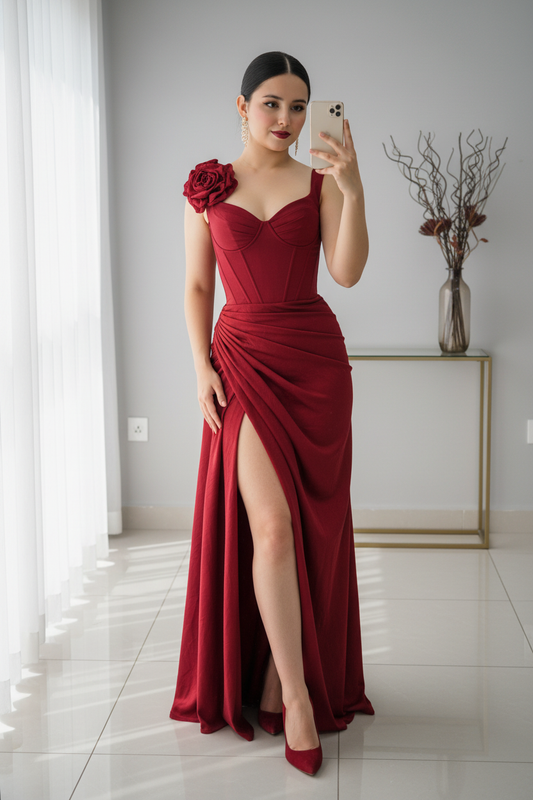 Vestido Rojo Vino Corset con Flor D cod.V345
