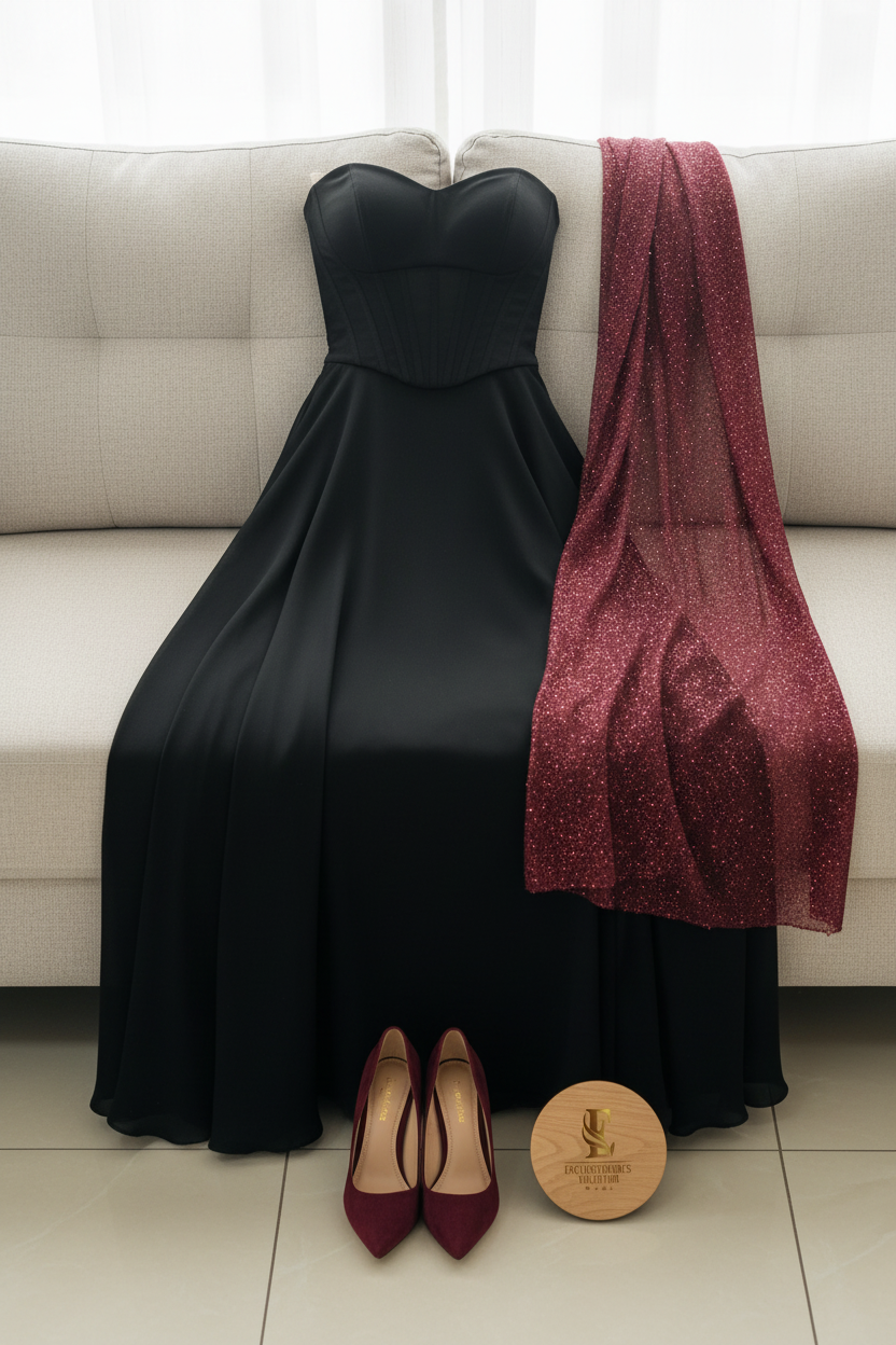 Vestido Negro Strapless Sweetheart con Chal Borgoña Glitter cod.438