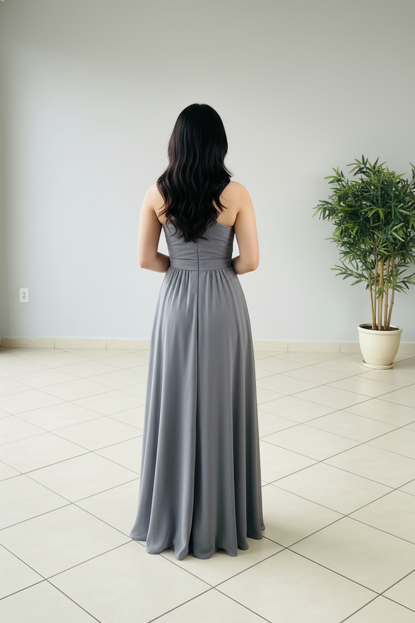 Vestido Gris Acero Un Hombro con Rosa 3D y Abertura Frontal cod.443