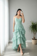 Vestido Verde Menta Strapless Corset Drapeado Cruzado y Falda Volantes en Capas cod.771