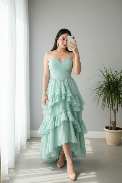 Vestido Verde Menta Strapless Corset Drapeado Cruzado y Falda Volantes en Capas cod.771