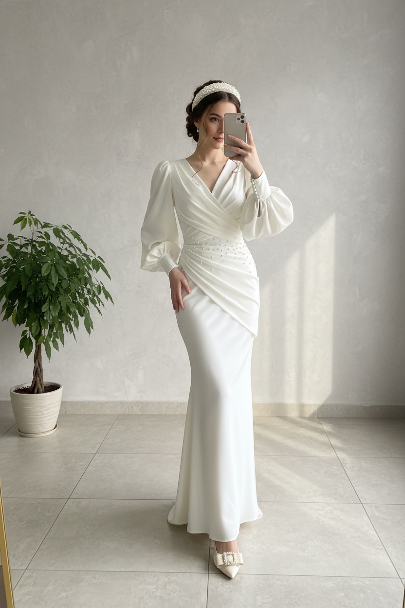 Vestido Blanco Largo Escote V Cruzado Manga Puff con Perlas y Sirena cod.480